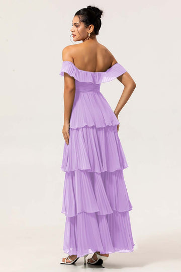 Dusty Blue A-Line Off The Shoulder Tiered Pleated Chiffon Long Bridesmaid Dress